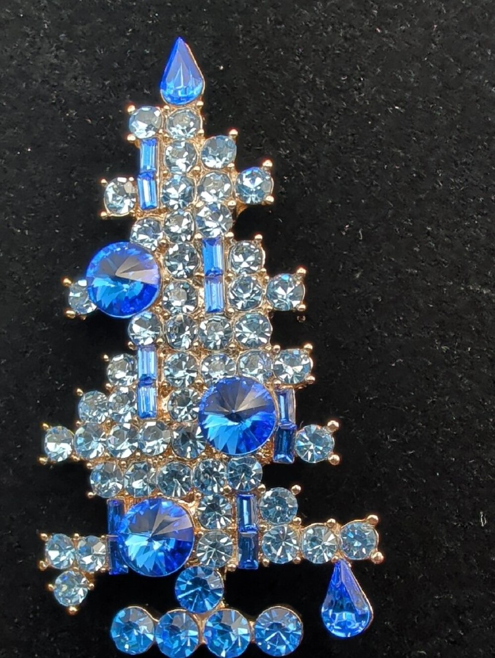 Large Czhech Blue Crystal Christmas Tree Brooch, 2 3/4" Tall, 6 Candles